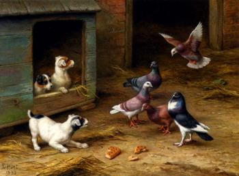Edgar Hunt : Puppies And Pigeons Playing By A Kennel